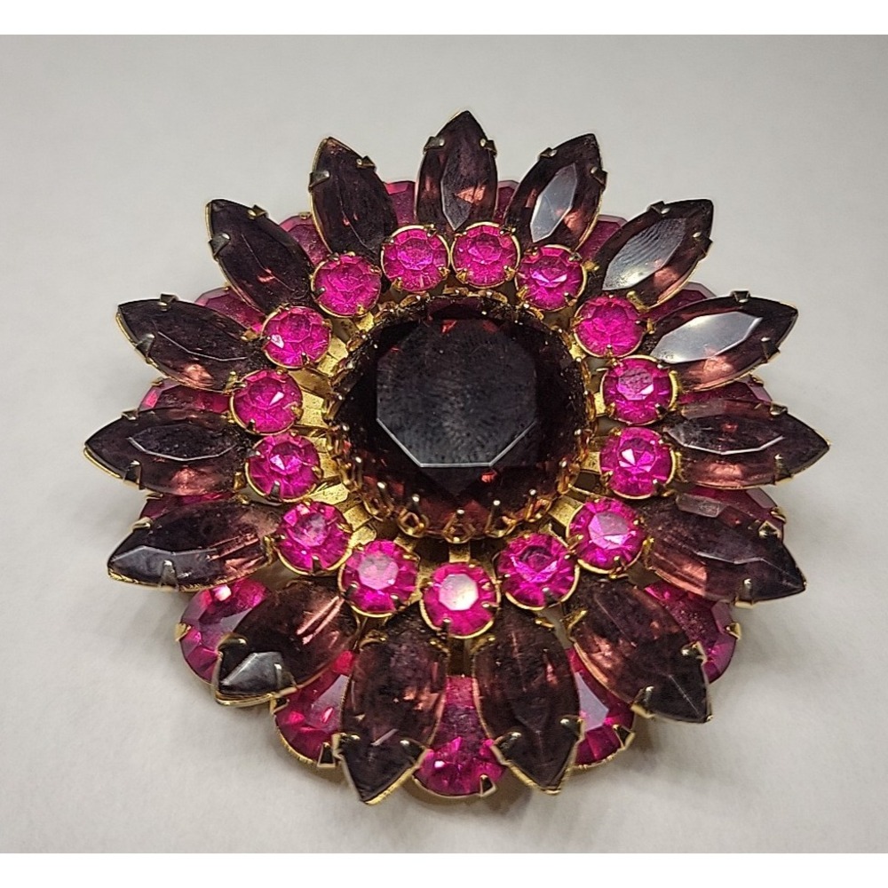 Vintage Judy Lee Brooch Pink Purple Rhinestone Flower Layered Gold Tone Pin